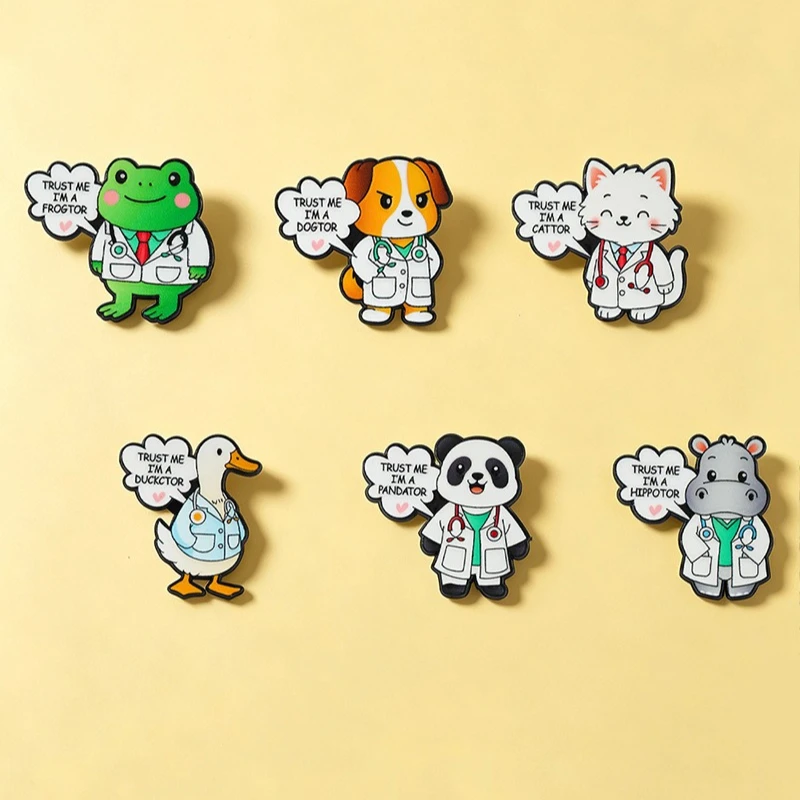 New Cute Cartoon Animal Doctor Frog Rhino Panda Duck Metal Brooch Nurse Day Gift Badge Pin for DIY Clothing Bags Hat Accessories