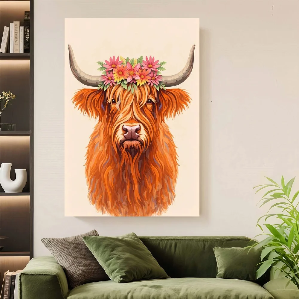 Framed Flat,1pc Highland Cow Wall Art Decor with Flower Crown - Solid Wood Frame Suitable for Bedroom, Living Room,, Modern Boho