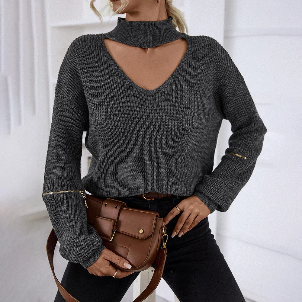 

Spring Autumn Women's Knitted Tops Female Loose Casual Sweater Lady's Turtleneck Hollow Out Zipper Pullovers Women's Tops