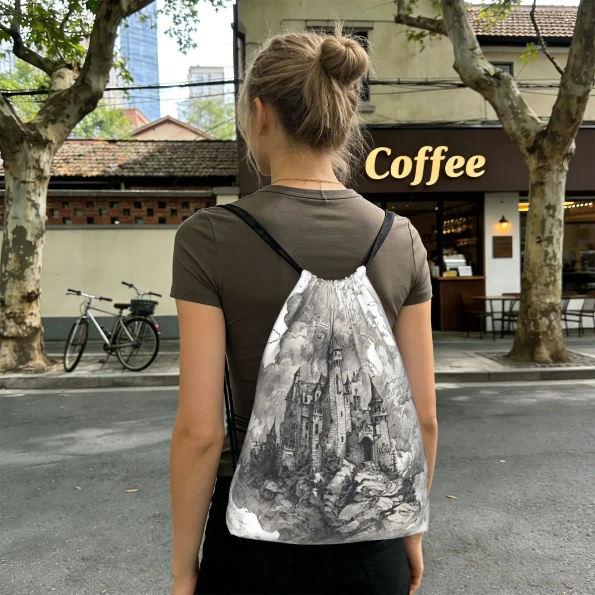 Ink Painting Mist Castle Pattern Backpacks Fashion Drawstring Bundle Pocket Shoes Bag Book Bags for Travel School
