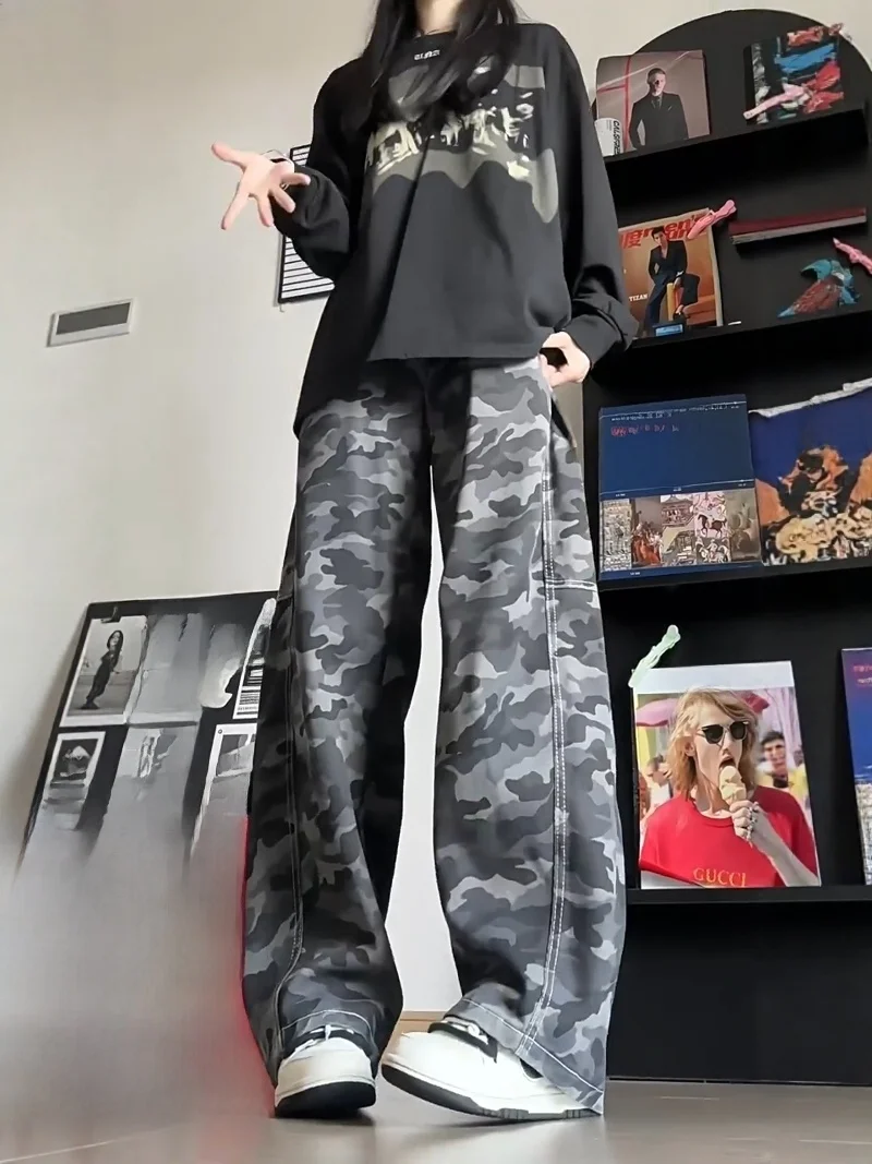 

Ретро американские камуфляжные джинсы с ножом, мужские прямые брюки для спецодежды, женские осенние сезонные джинсы с угловым вырезом, дизайн Sense