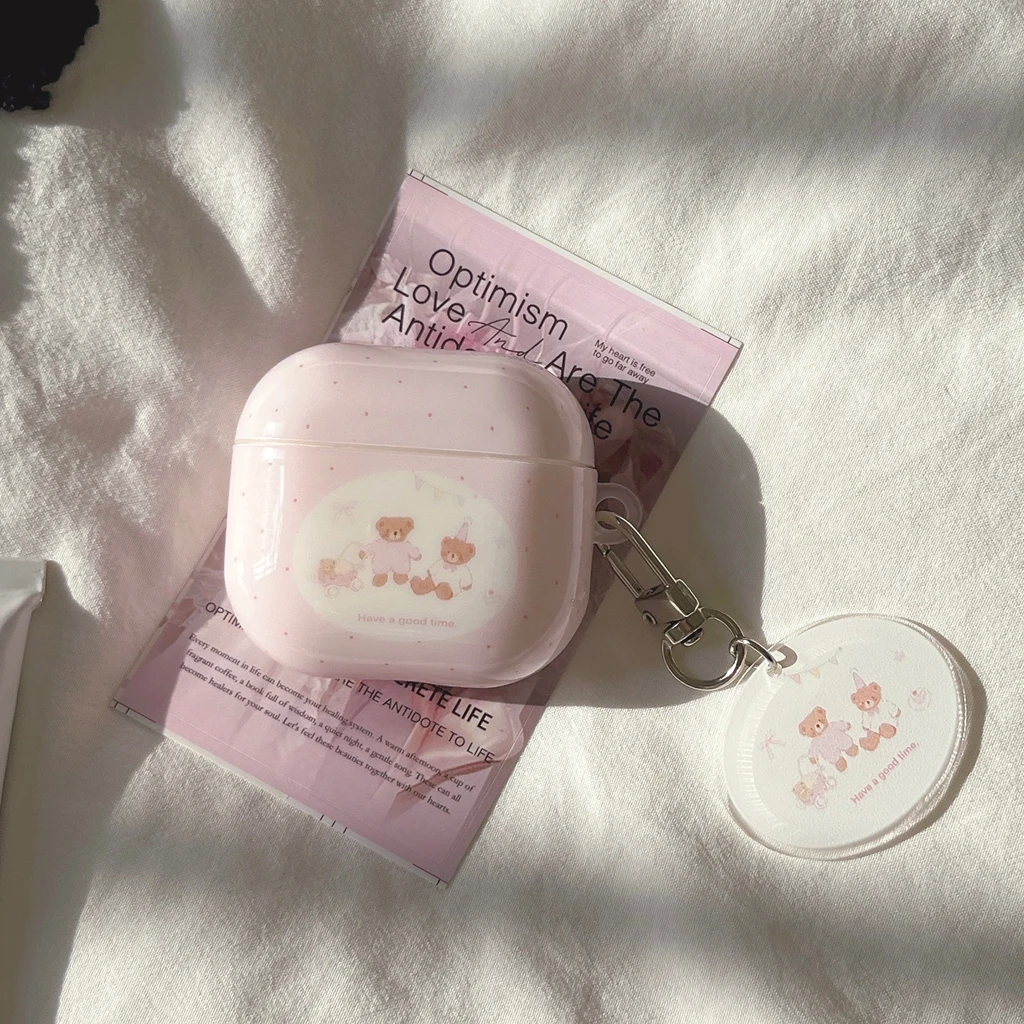 Sweet Cute Pink Polka Dot Little Bear With Pendant Shockproof Protective Earphone Cover Case for AirPods 1 or 2 3 4 Pro 2 Pro 3