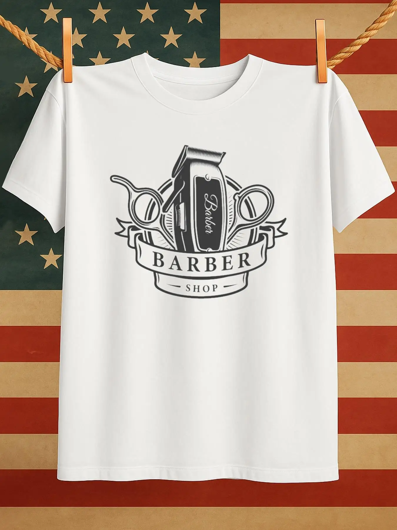 Retro Barber Shop Vintage Barber Pole & Scissors Graphic T-Shirt 100% Cotton O-Neck Short Sleeve Summer Casual Mens T-shirt