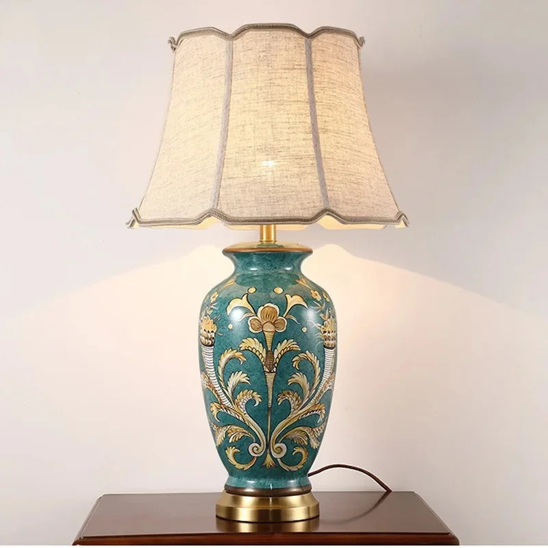 Retro Ceramic Table Lamp Teal Crackled Vase Base Painting Fabric Shade Home Decor Bedside Lamp Bedroom Living Room