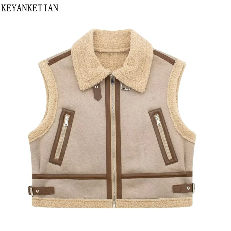 KEYANKETIAN-Chaleco de lana de piel de doble cara para mujer, chaqueta de gamuza con cremallera gruesa, con detalle de costura Retro americana,