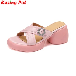 Krazing Pot 2024 Cow Leather Slip On Pearl Casual Summer Shoes Slingback High Heels Mules Elegant Fashion Platform Women Sandals
