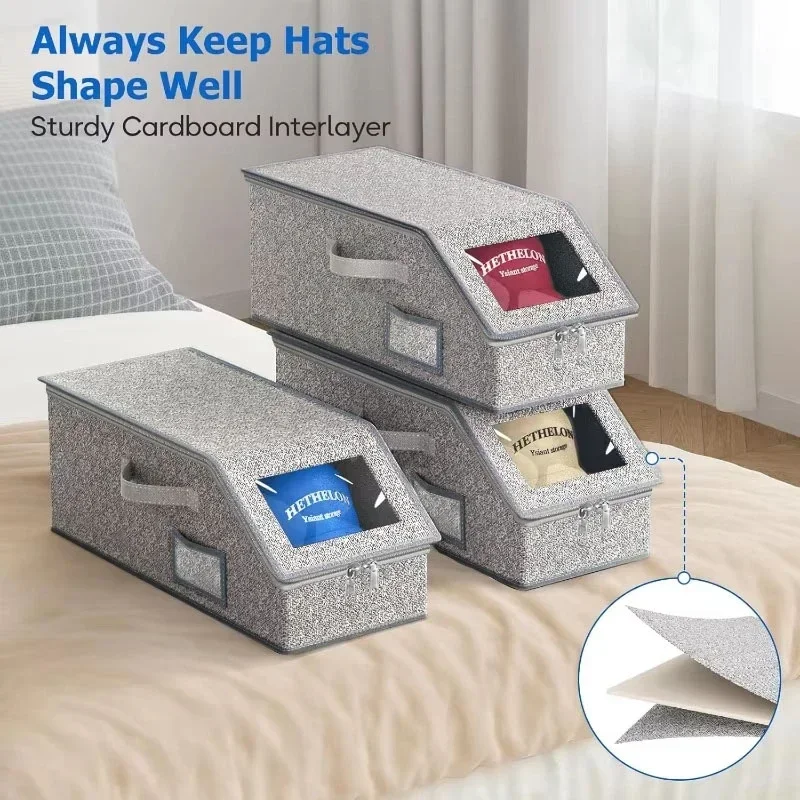 Stackable Hat Organizer for Baseball Caps Grey Storage Box with Clear Window Lid Space Saving Closet Organizer