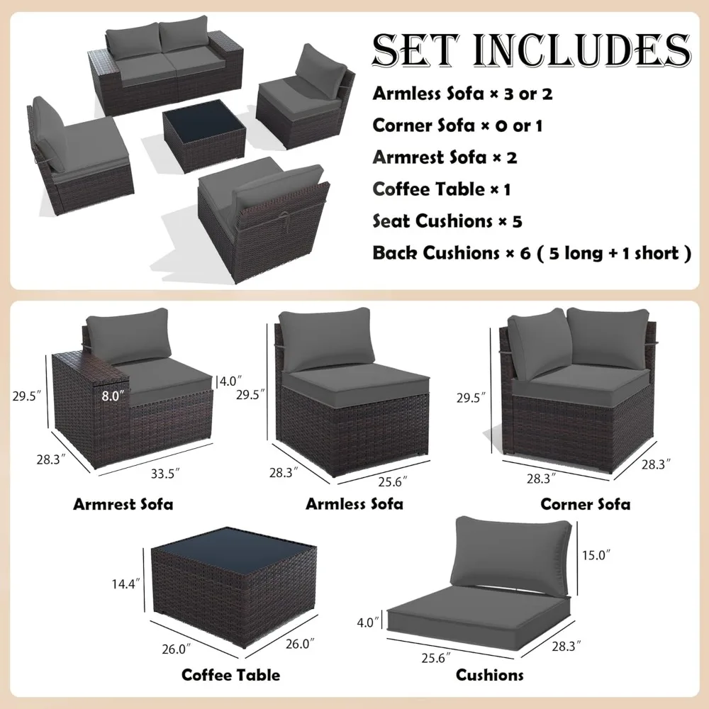 6-Piece Patio Sofa Set, All-Weather PE Rattan Outdoor Sectional with Replaceable Waterproof Cushions and Coffee Table