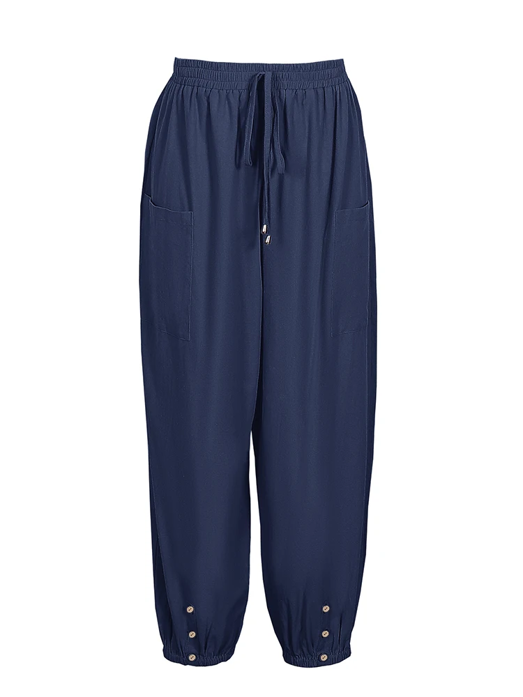 Damskie spodnie plus size z szerokimi nogawkami z bawełny i lnu, zapinane na guziki, codzienne spodnie na wiosnę i lato dla kobiet.