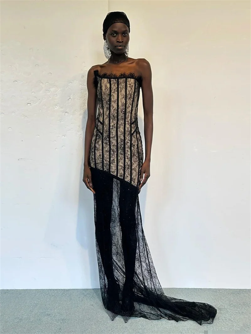 

Lace Black Prom Dress Sexy Strapless Sleeveless Corset Long Sheer Formal Wedding Guest Robes Autumn Party Evening Bridal Gown
