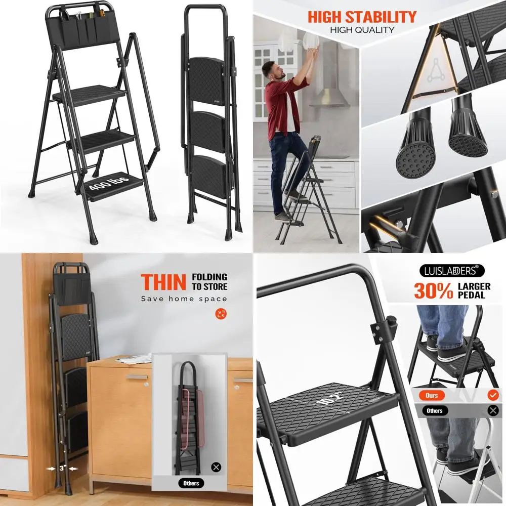 

3-ступенчатая складная лестница с противоскользящими ступеньками и поручнями, легкая, вместимость 500 фунтов, портативная стремянка для дома и офиса