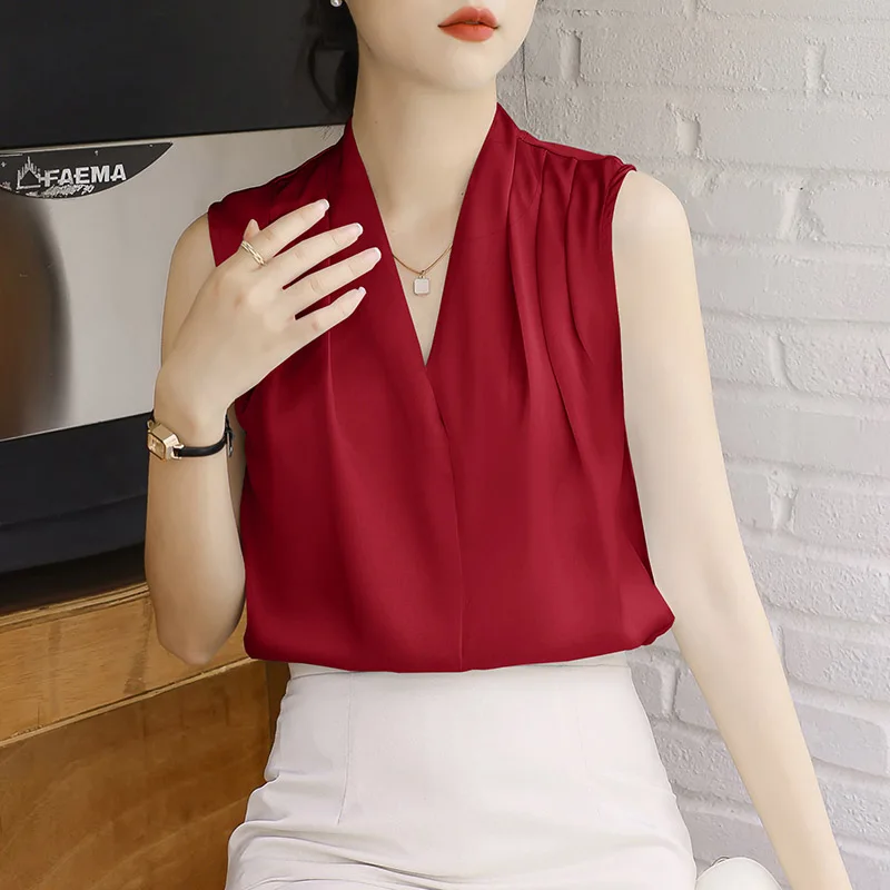 Summer Sleeveless Blouse, Women\'s Loose V-neck Pullover Tops, Fashion Solid Elegant, Chiffon Shirts, Casual Commute Tops