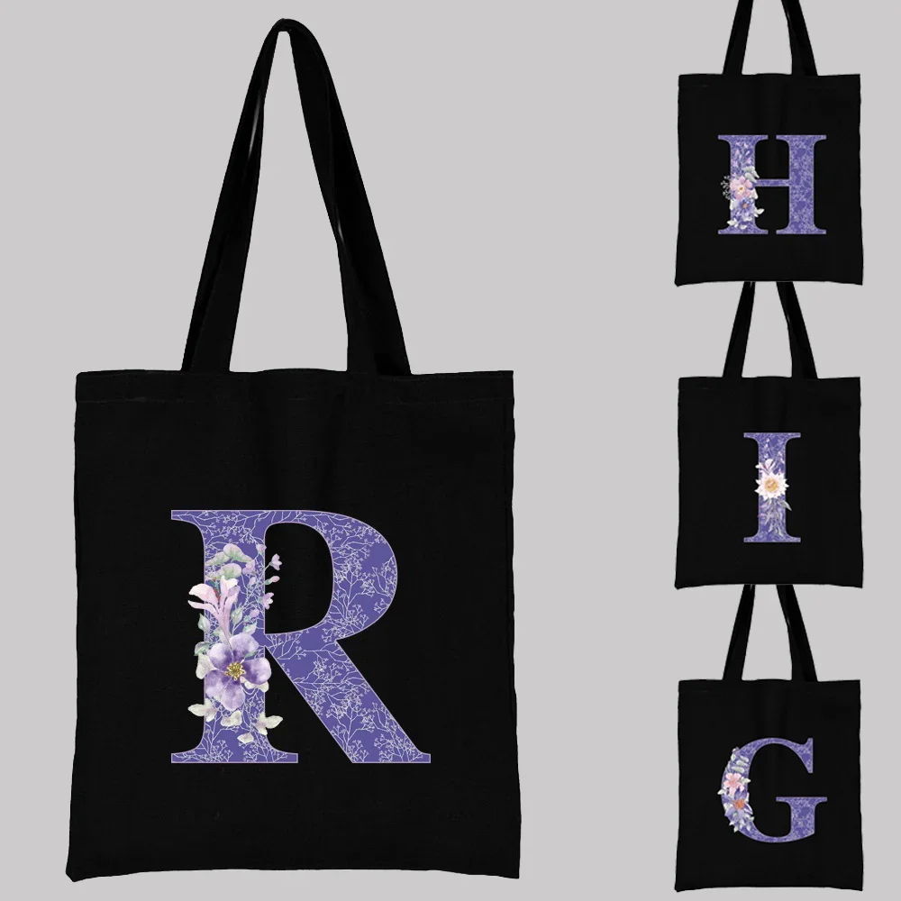 Tote Bag Women Shopping Bags Purple Flower Pattern Series Eco Shopper Shoulder Bag College Student Canvas Handbag