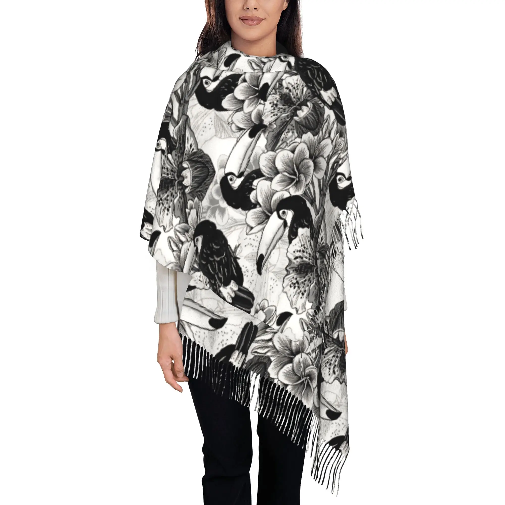 Custom Lady Large Monochrome Toucan Tropical Floral  Scarves Women Winter Soft Warm Tassel Shawl Wrap  Scarf