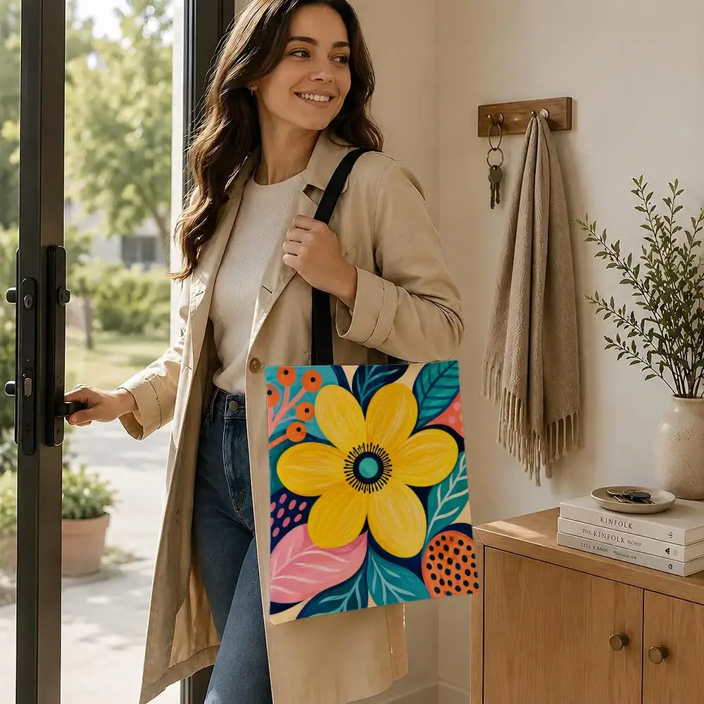Colorful Botanical Floral Pattern Vibrant Flower Storage Bags shopping bag Canvas  bag work school reusable