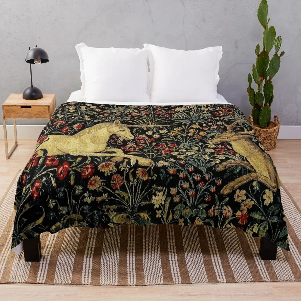 

Medieval Unicorn Midnight Floral Tapestry Throw Blanket Thin Flannel Blankets