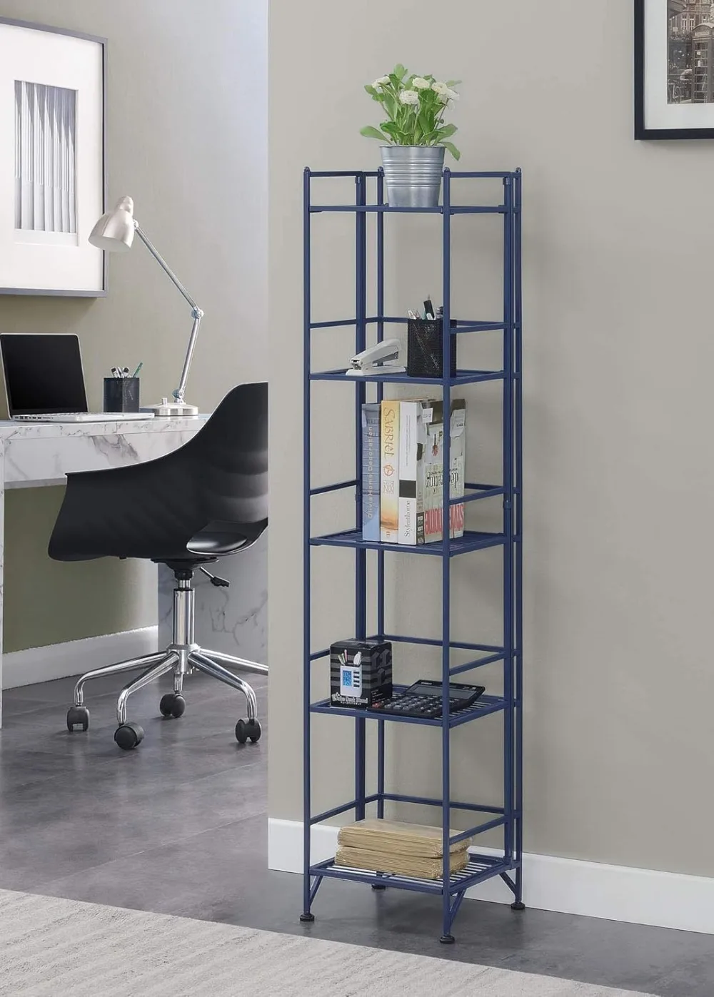أرفف تخزين معدنية قابلة للطي مكونة من 5 طبقات، منظم موفر للمساحة للمكتب المنزلي، الغسيل، غرفة النوم، المرآب باللون الأزرق الكوبالت #1