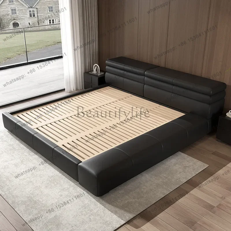Minimalist genuine leather Double bed 180x200cm Designer Furniture Mid century elegant luxury bedroom beds letto matrimoniale