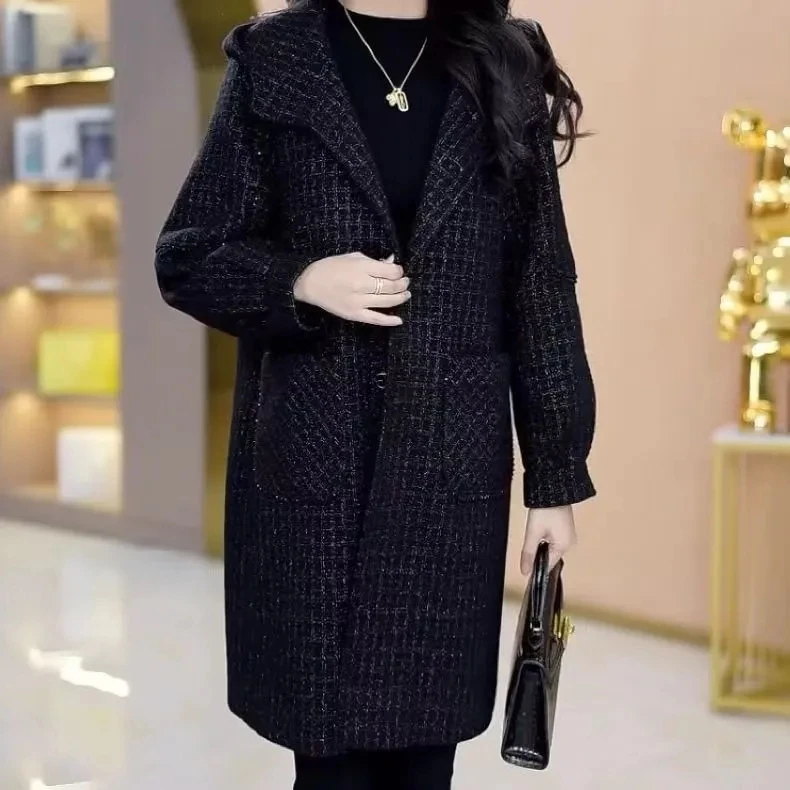 

Wool Blend Coats Mid Long Womens Coat Artisanal Fall Brocade Buttoning Cowl Adjustable Western Style Outings Modern School Thick