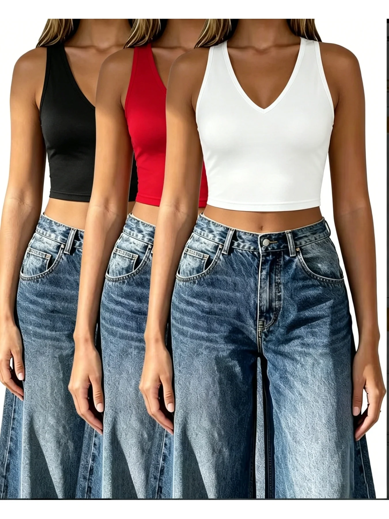 3PC Women's Casual, Elegant, Solid Color Short Cut with Belly Button, V-Neck Sleeveless Vest Top, Three Piece Set