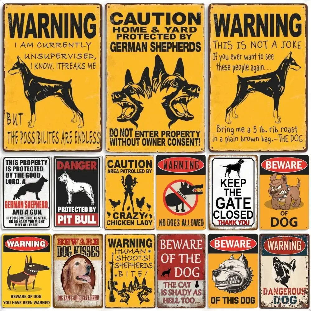 Vintage Warning Dog Metal Tin Signs Poster Beware of Dog Retro Tin Plates Wall Stickers For Garden House Door Courtyard Decor