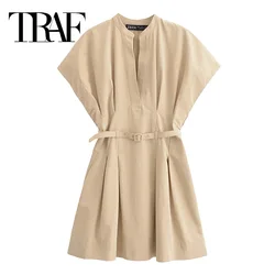 TRAF Pleated Short Dresses For Women 2024 Ruched Short Sleeve Mini Dress Woman Fashion Belt Summer Elegant Casual Dresses