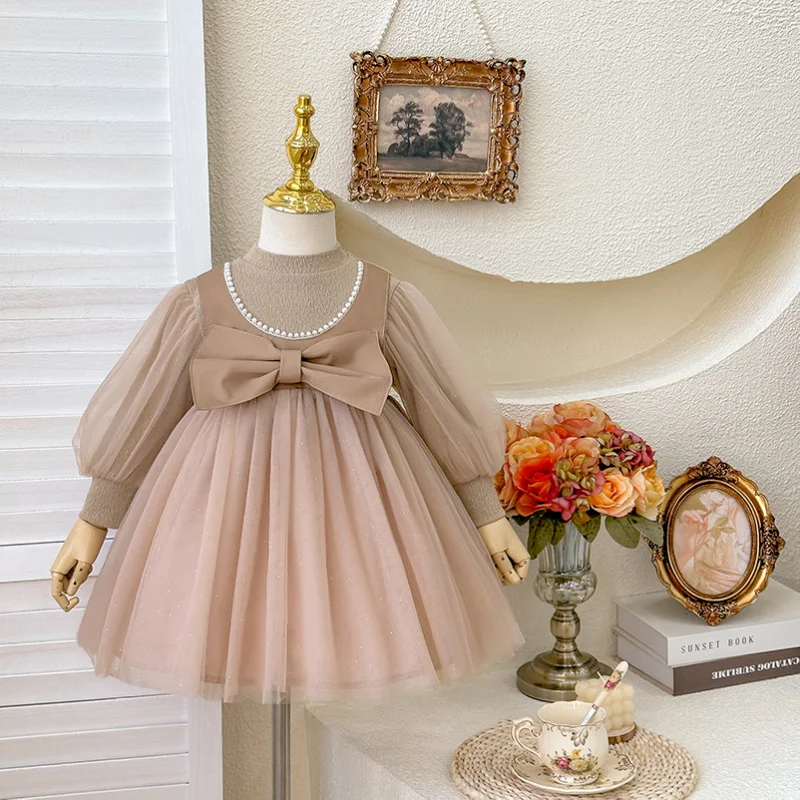

Girls' Dress2025Autumn New Stylish Elegant Dress with Oversized Bow for Little Girls Princess Dress Trendy