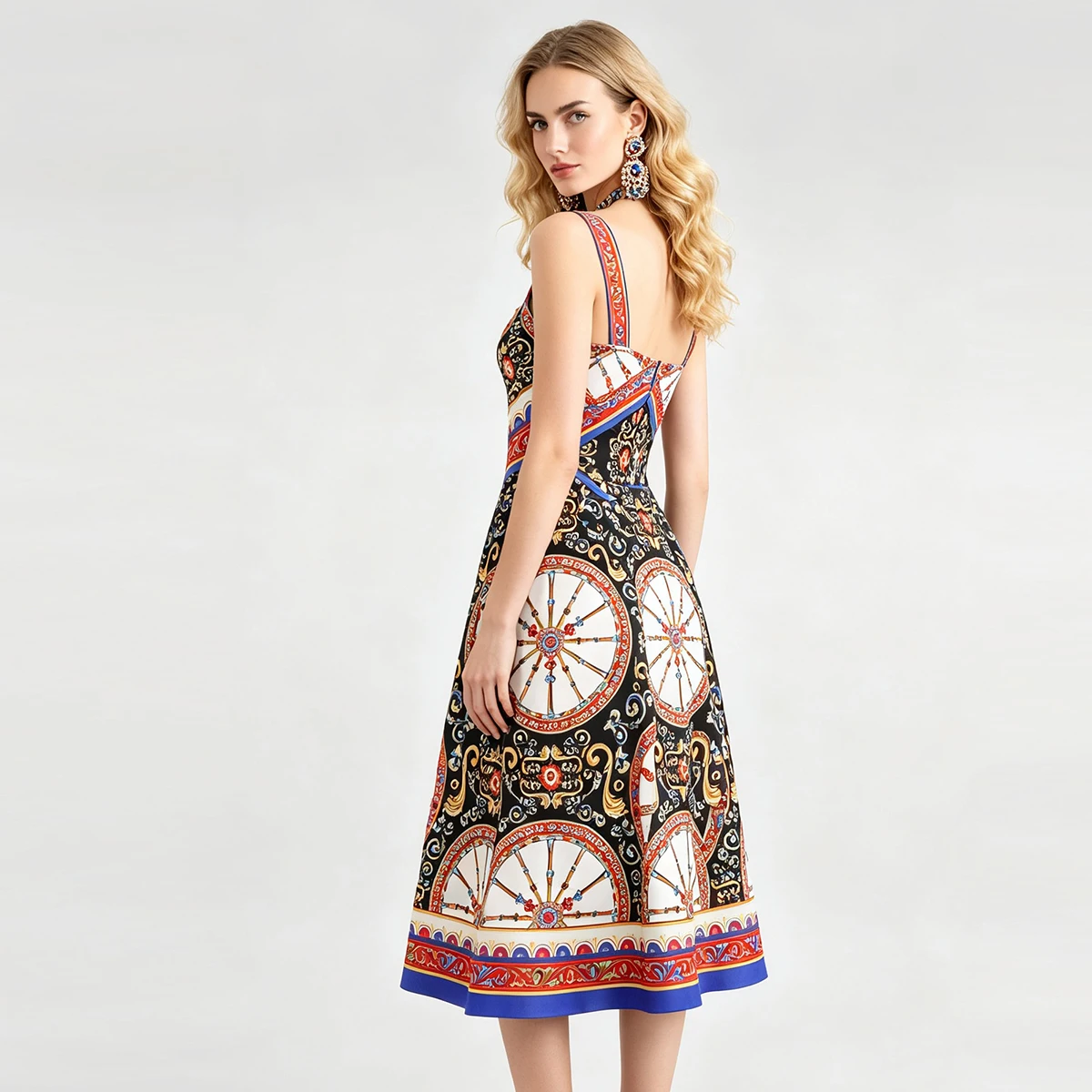 Picture 6: Vintage Baroque Print Midi Dress Women Square Collar Sleeveless A-Line Summer Dress Bohemian Party Beach Sundress Elegant