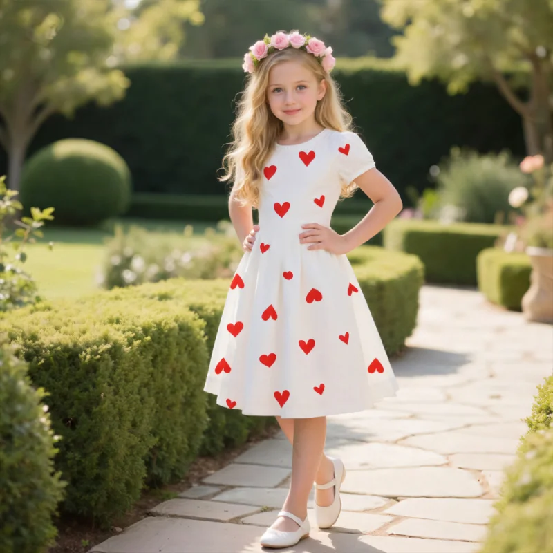 حار بيع! فستان كاجوال بأكمام قصيرة مطبوع عليه قلب أحمر لطيف لعام 2025 للفتيات، ملابس يومية وحفلات جميلة للأطفال