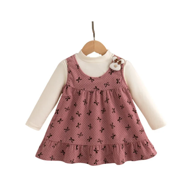 Girls' Autumn New Style2025Infant and Toddler Fake Two-Piece Dress Long Sleeve Cute Bunny Print Princess Dress