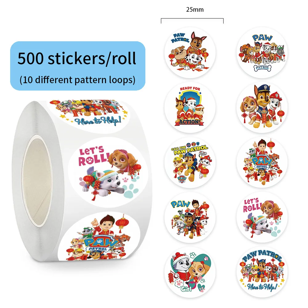 500 stks/rol Gelukkig Nieuwjaar PAW Patrol Cartoon Afdichting Sticker DIY PVC Laptop Decals Decoratie Stiker Beloning Gift Speelgoed