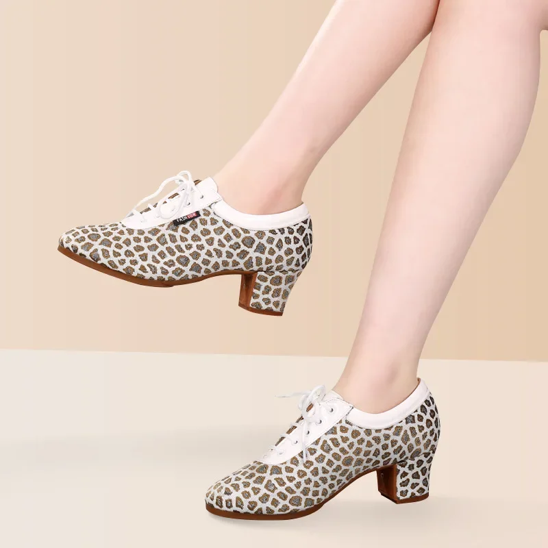 

New social dance shoes with high heels, women's square, sailor dance, soft sole, breathable leopard print dance shoes, beginner'