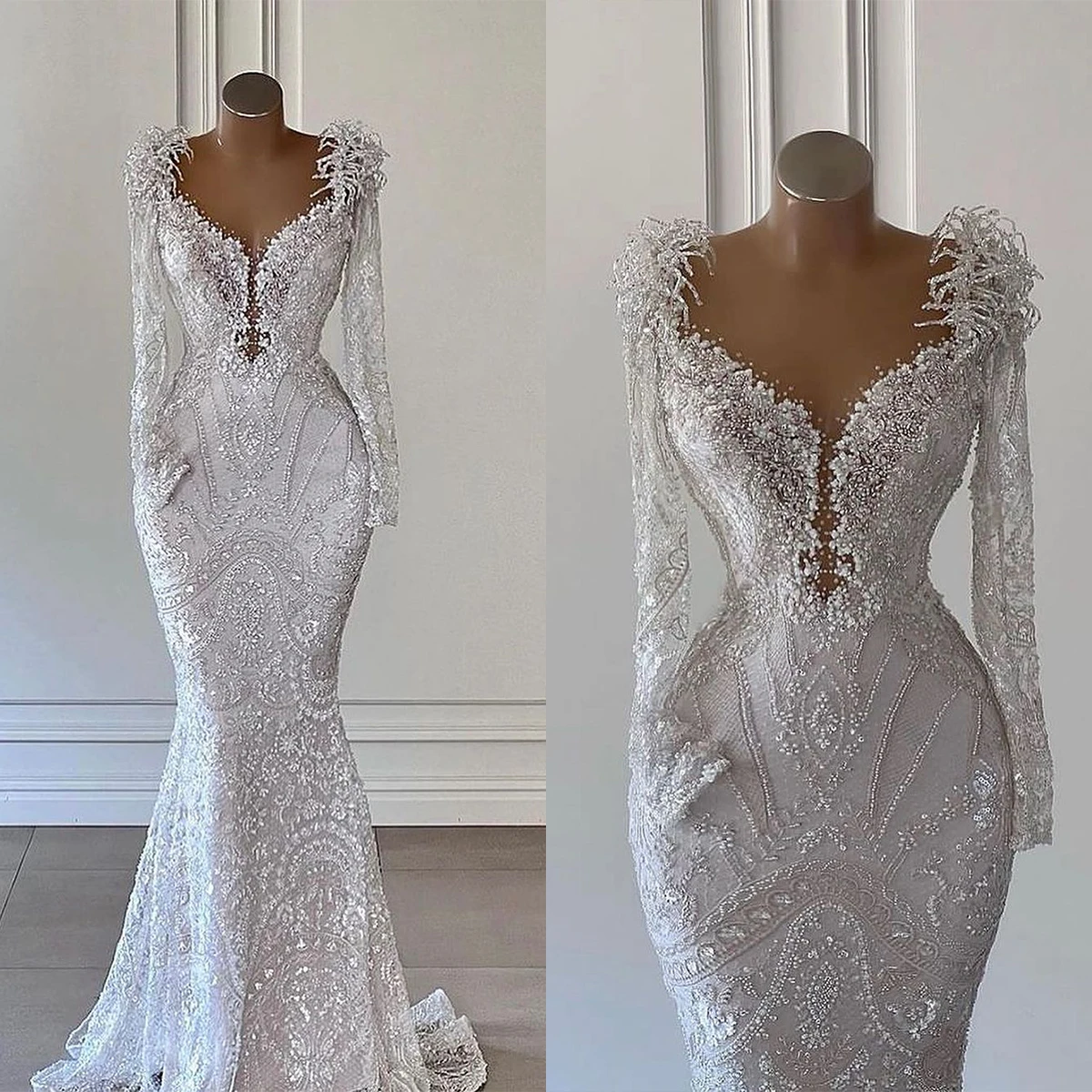 

Gorgeous Mermaid Wedding Dress Sequins Pearls Beading Bridal Gowns V-Neck Custom Made Vestido De Novia