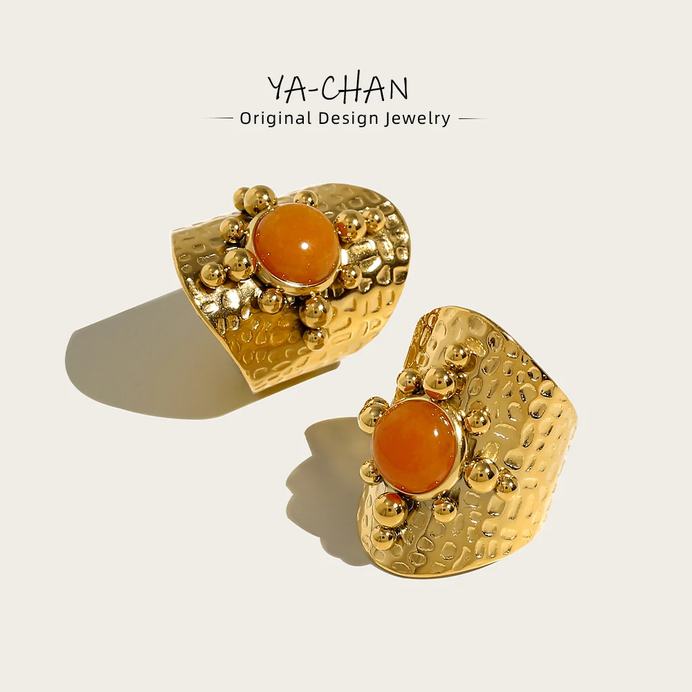 YACHAN 18K Gold Plated Stainless Steel Wide Ring for Women Luxury Orange Stone Metal Texture Trendy Aesthetic Jewelry