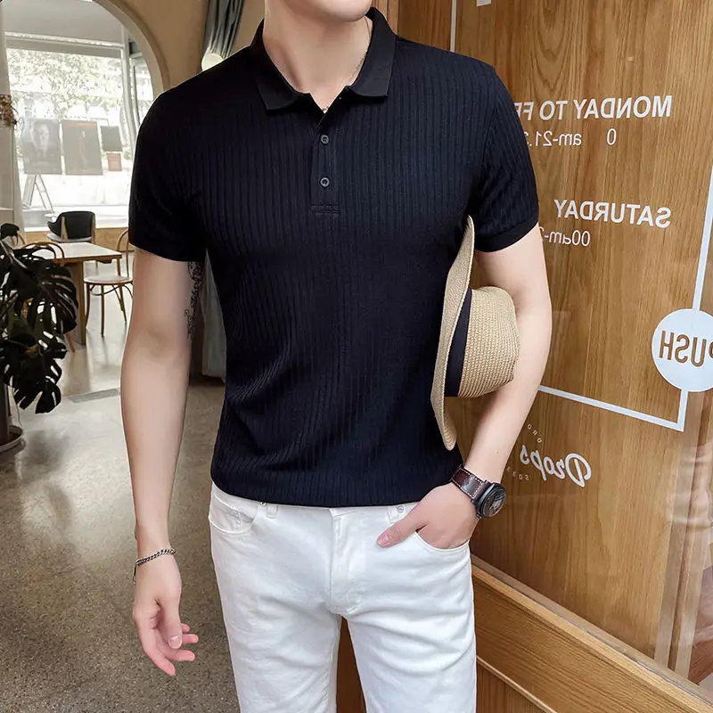 Men's Ice Silk Slim All-match Polo Shirts Summer New Short Sleeve Solid Color Trend Tops Tees Fashion Street Casual Men Clothing