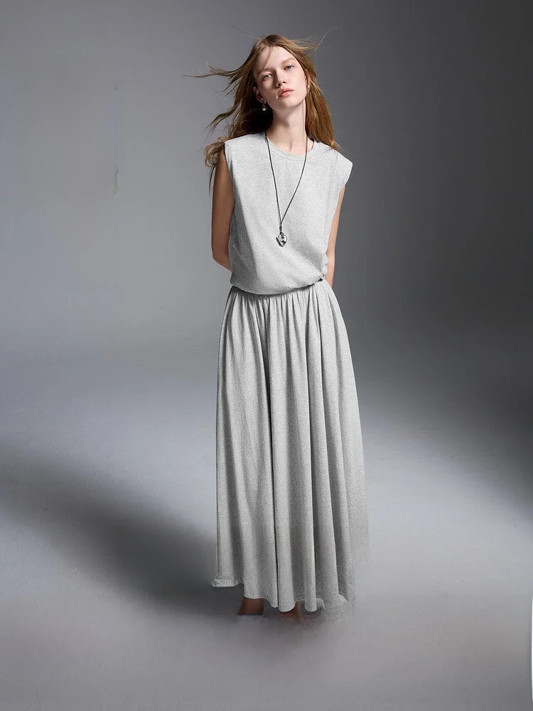 

mat Tee-Color Summer 2025 round Ne Svel oulder Pad Set Elastic Waist f Skirt Women's Faion Ensemble