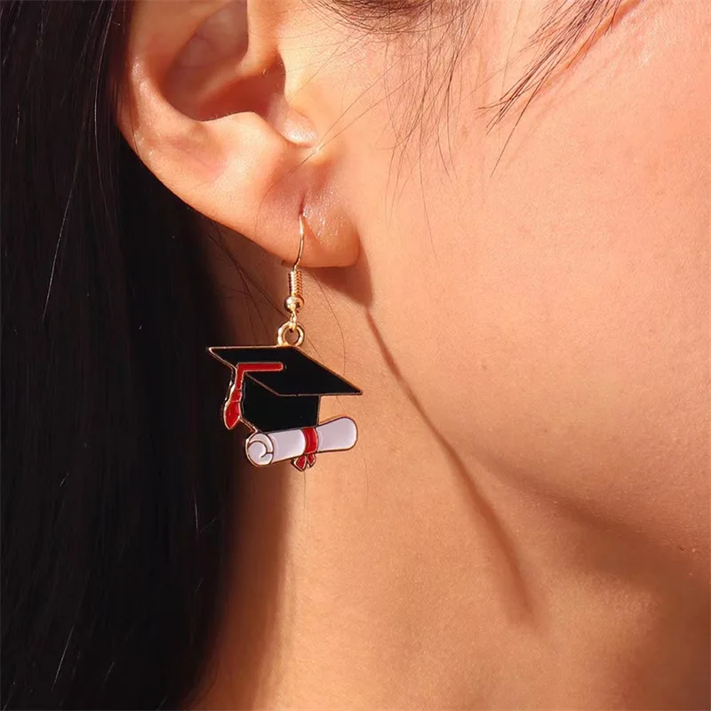 Graduation Everything Student Book Hat Bachelor Dress Jewelry Personality Drop Oil Alloy Earrings Set Back-to-school Season 2025