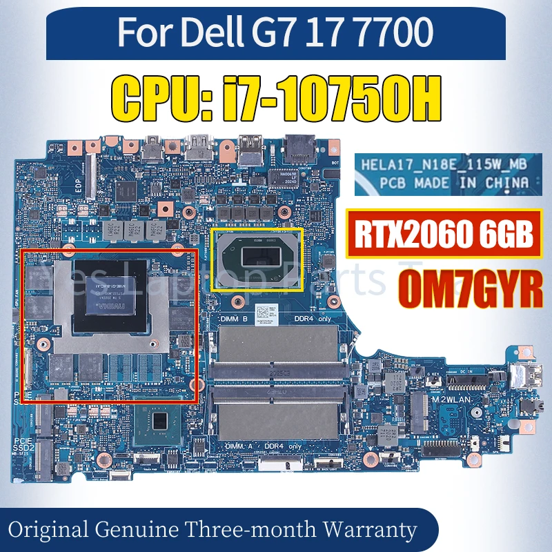 HELA17_N18E_115W_MB For Dell G7 17 7700 Laptop Mainboard CN-0M7GYR SRH8Q i7-10750H RTX2060 6GB Notebook Motherboard 100％ Tested