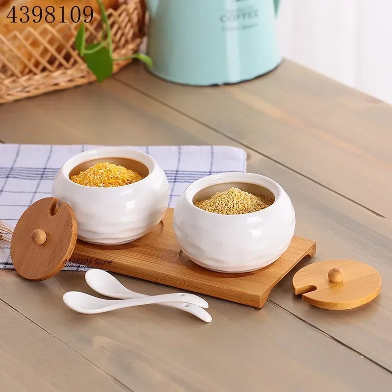 Ceramic Seasoning Pot Seasoning Box Wooden Tray Seasoning Bottle Sugar Bowl Household Salt Pan with Spoon Kitchen Supplies