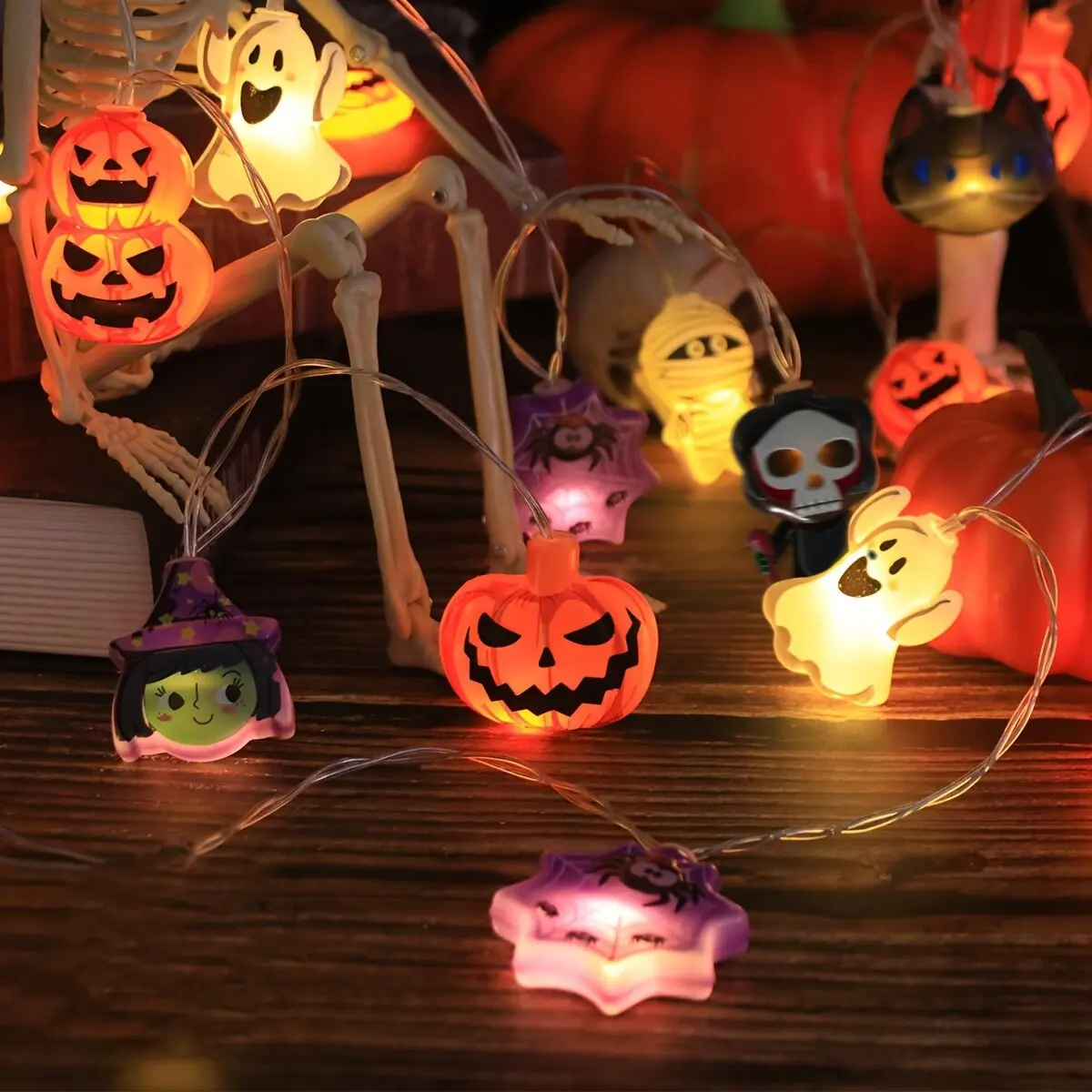 1PC Halloween LED Fairy String Lights Ghost Witch Cat Pumpkin Skull Mummy Spider Web Battery Powered Decor