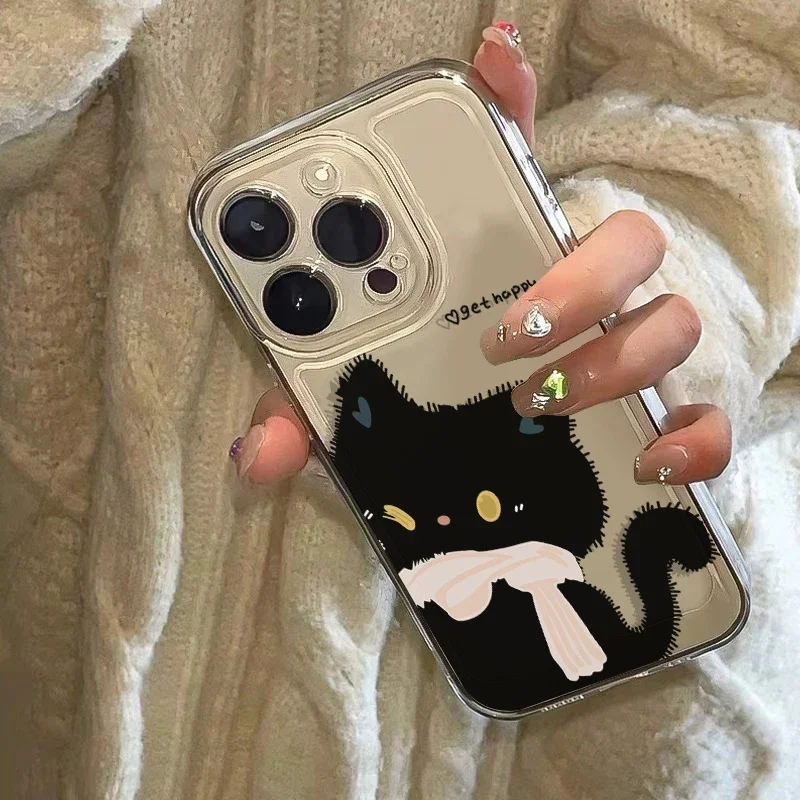 Cartoon Black White Cat Couple Paired Phone Case For iPhone 16 15 14 11 12 13 Pro Max Plus Mini XS XR 7 8 SE Clear Cover Fundas