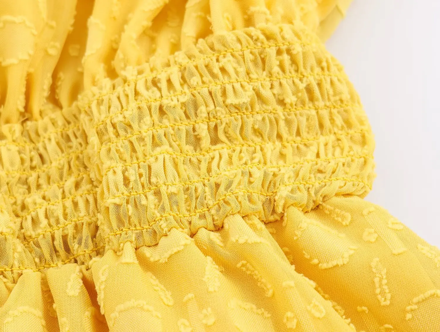 2025年ヴィンテージイエロー3Dドットランタン袖シフォンドレス女性用カットアウトVスタンドカラーゴムウエストスイングドレスホリデーローブ