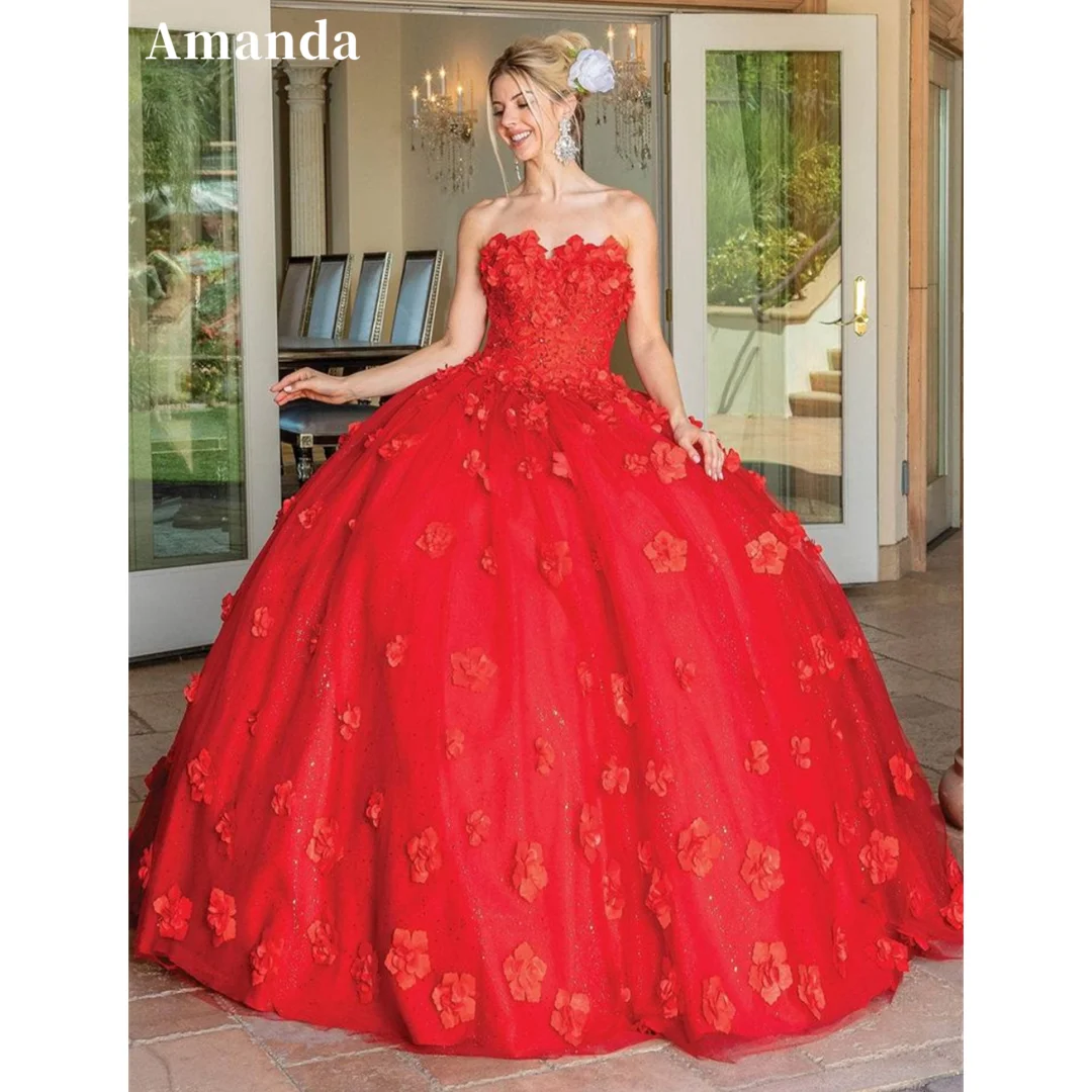 Amanda Gorgeous Ball Gown Prom Dress Red 3D Flower Vestidos De Fiesta Queen Strapless Flower Wedding Dress فساتين سهرة