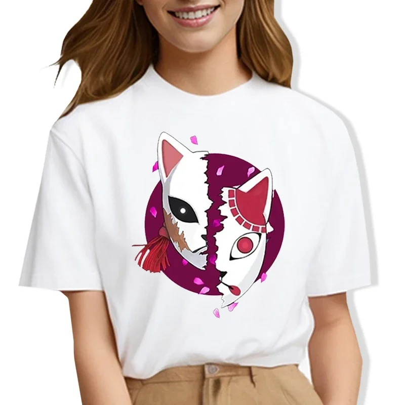 Camiseta con estampado de Anime de máscara de Demon Slayer para mujer, camiseta de manga corta para hombre, camisetas transpirables de Hip Hop, camisetas unisex de dibujos animados