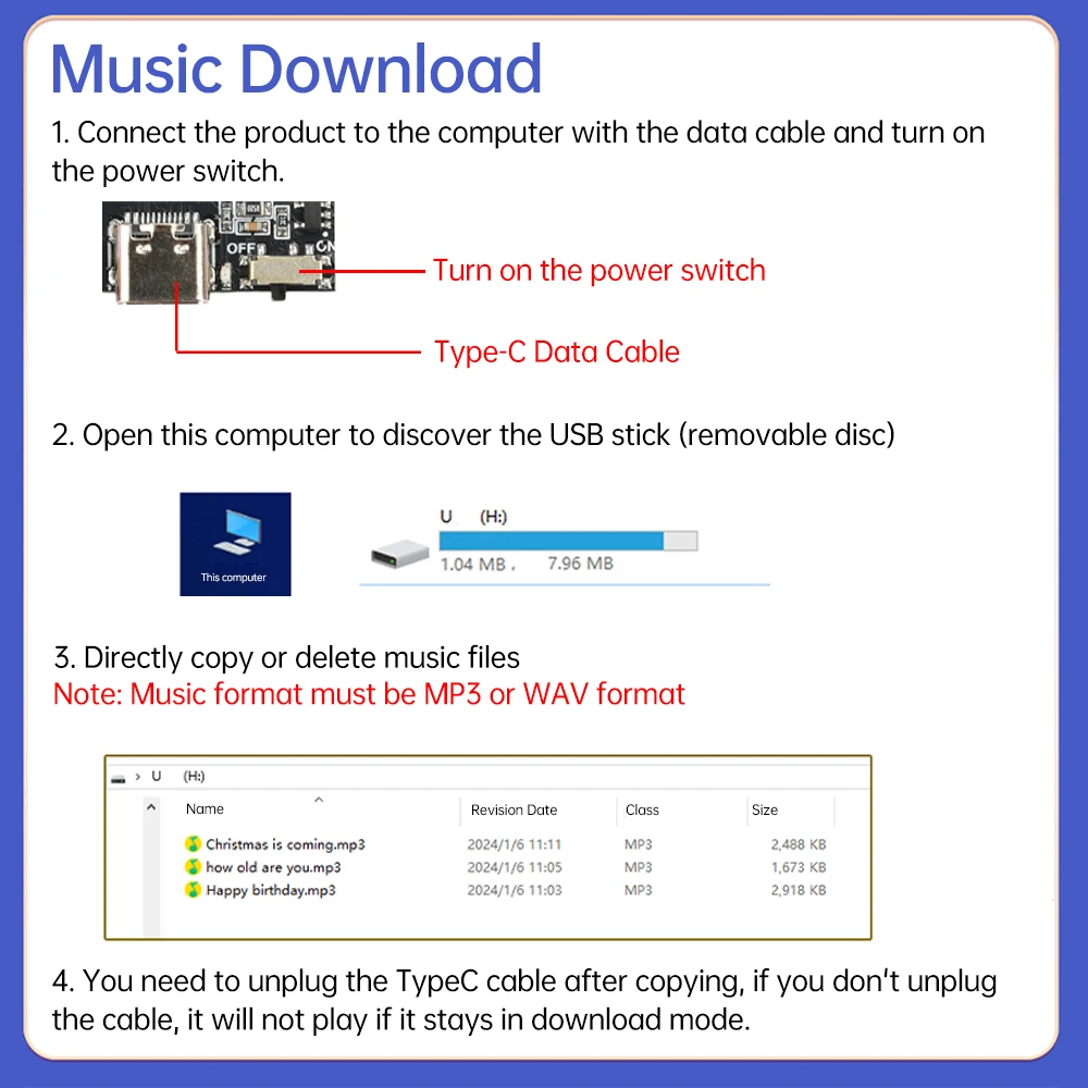 GC06 تسجيل بطاقة المعايدة حركة الإبداعية هدية مربع عيد الميلاد بطاقة عيد ميلاد MP3 تحميل وحدة الصوت نوع C 4M الذاكرة