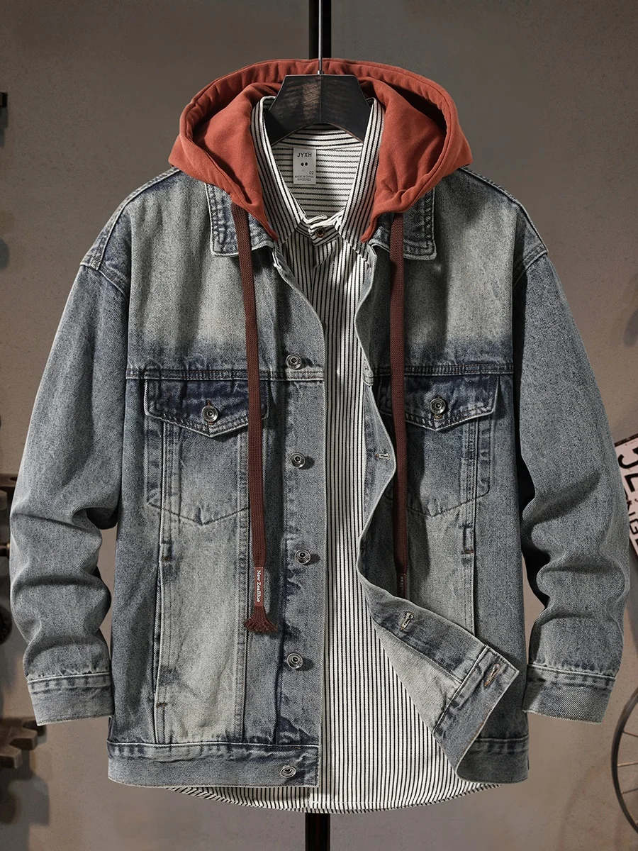 

American High Street Detachable Hood Denim Jaet Men's High End Waed Heavy Multi ket Workwear Casual Jaet