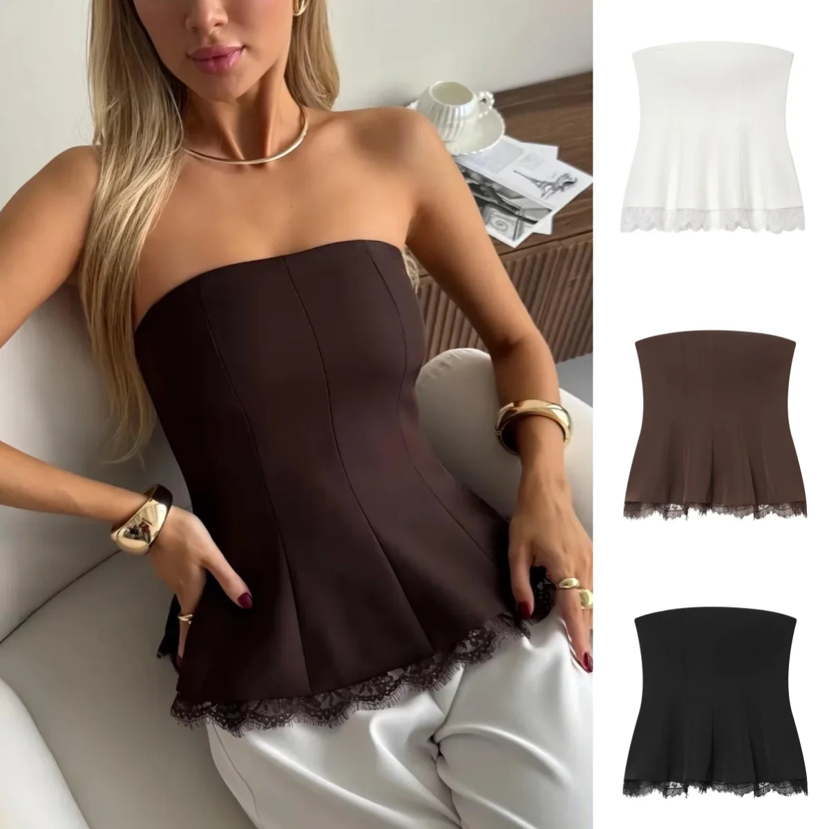 BSAY 2026 Nova Coleção de Verão: Top Tomara que Caia Feminino Sexy com Renda e Peplum, Sem Mangas, Cor Sólida, Ajuste Fino, Ideal para Festas e Uso Casual