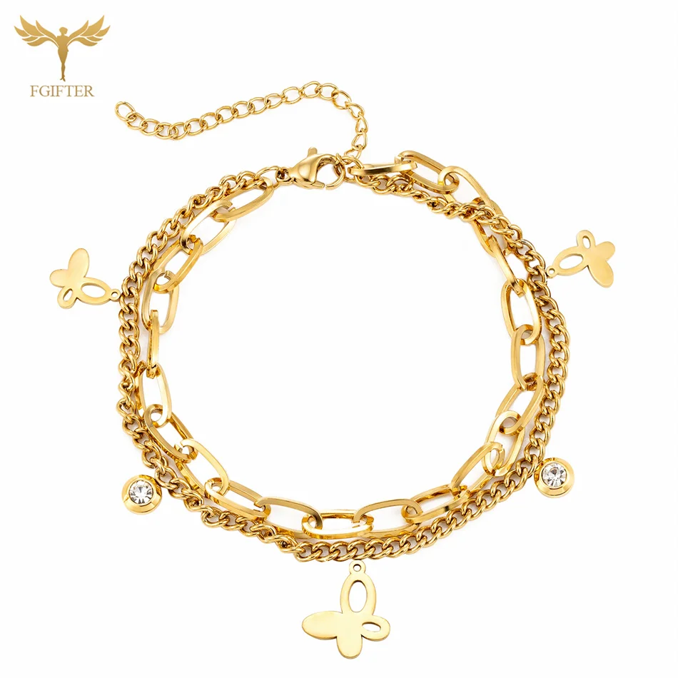 Casual Women Jewelry Charm Butterfly Zircon Dangle Chain Bracelets Golden Stainless Steel Jewelry Lobster Claw Clasp Extend Line