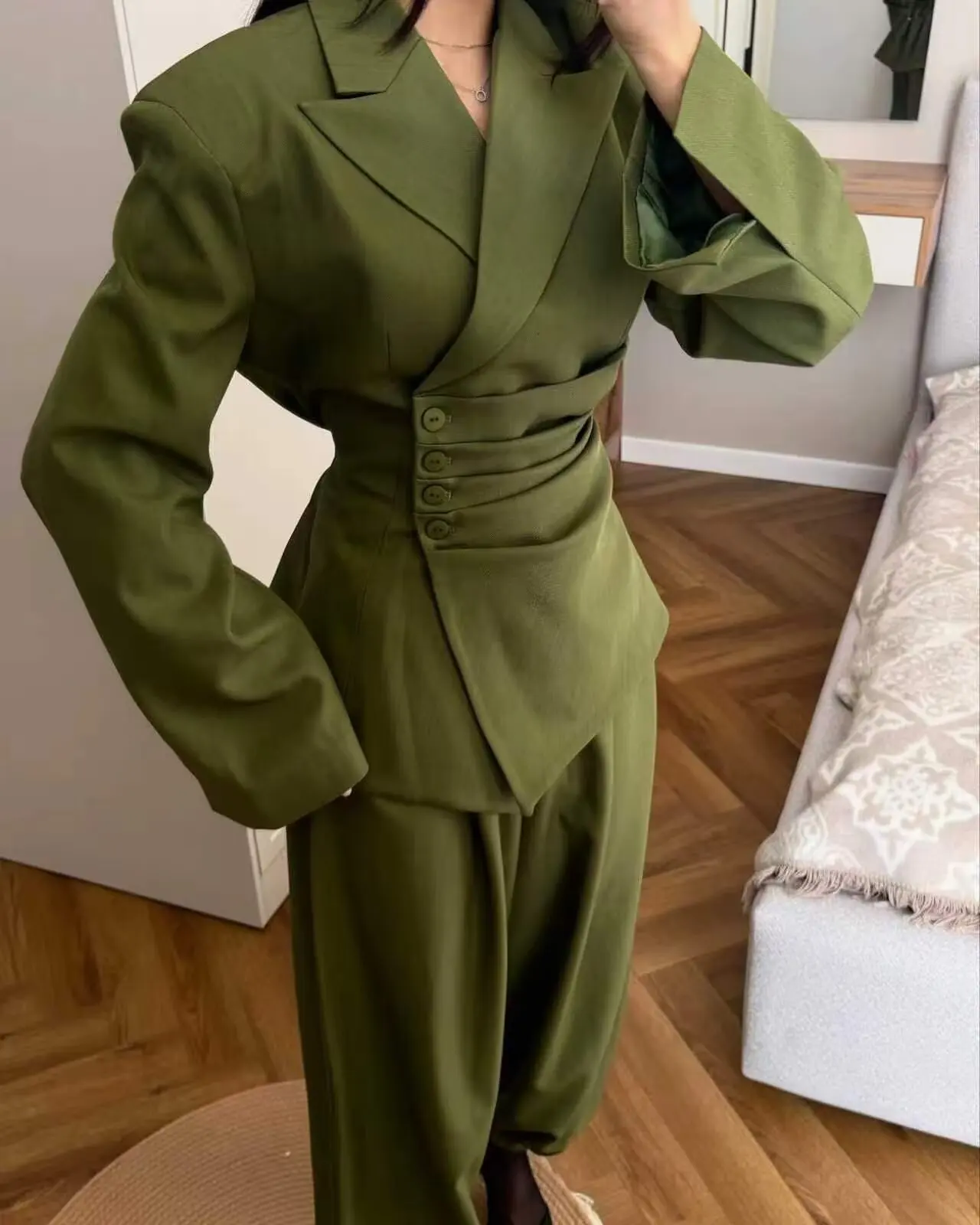 Suninheart Olive Green Asymmetric Blazer & Pants Set – Women's Ruched Waist Suit Two Piece Office Lady Autumn Fashion