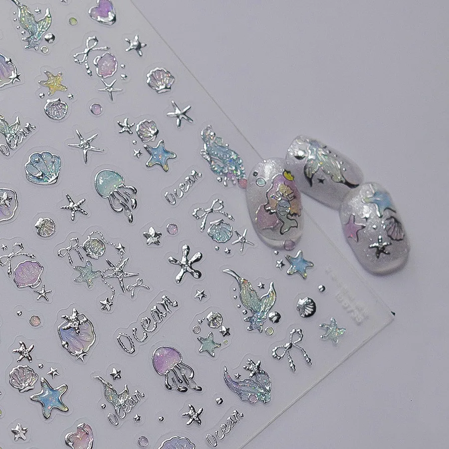 Colorful Cean Jellyfish Mermaid Tail Starfish Shell Seaweed Scallop Shoal Silver Stamped Adhesive Nail Art Sticker ornament DIY